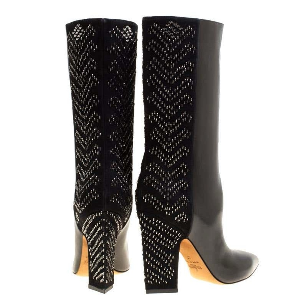 Valentino Black Leather and Beads Embellished Suede Mid Calf Boots Size 40 - Picture 3 of 5